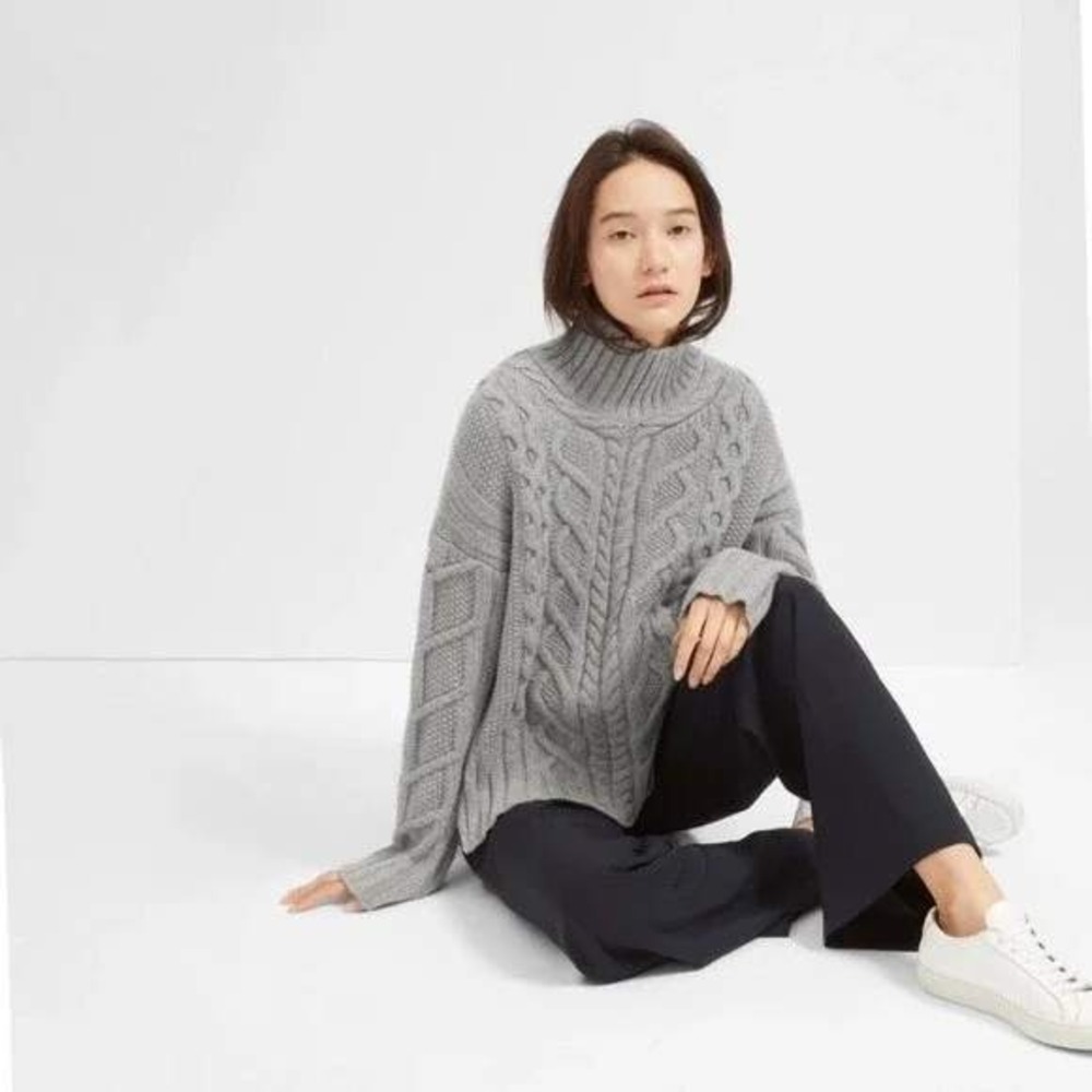 Everlane The Wool Cashmere Cable‎ Knit Turtleneck Mock Neck Sweater Gray S
